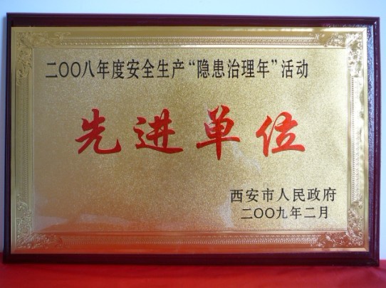 2009年2月，，，，，被西安市人民政府评为2008年度清静生产“隐患治理年”运动先进单位
